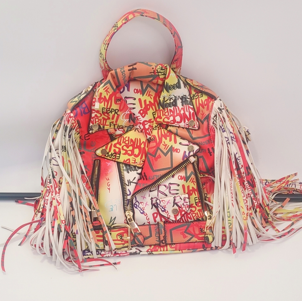 Orange and white multicolored biker graffiti fringe top handle backpack size M/L